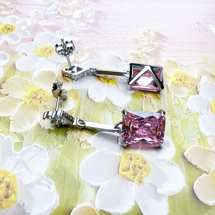 925 Sterling Silver Stylish Pink Stone Drop Earrings For Women