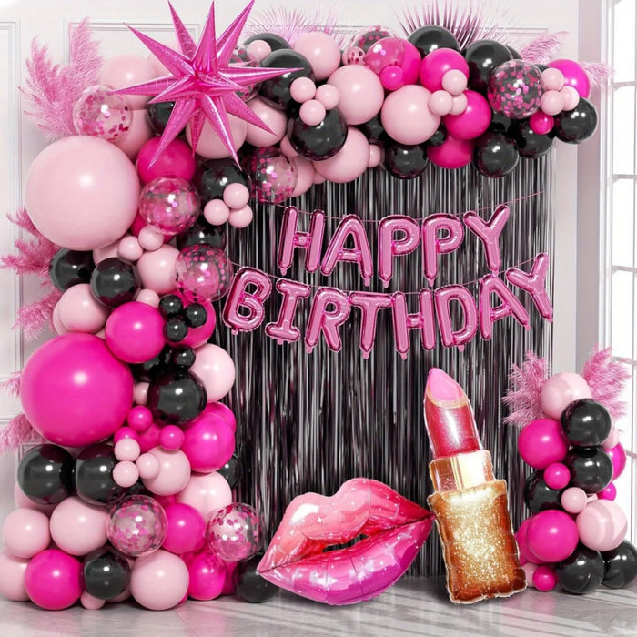 136Pcs Valentine'S Day Pink And Black Theme Birthday Balloon Set Suitable For Birthday Valentine'S Day Engagement Decoration