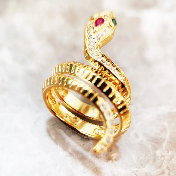 925 Sterling Silver Boho Golden Snake Ring Fine Jewelry For Women