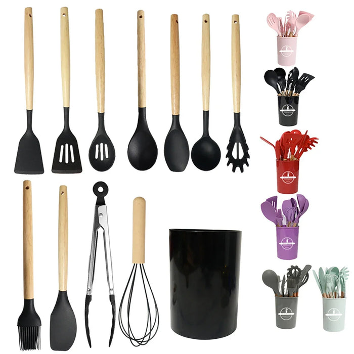 12 Piece Non Stick Silicone Kitchen Utensil Set With Wooden Handles