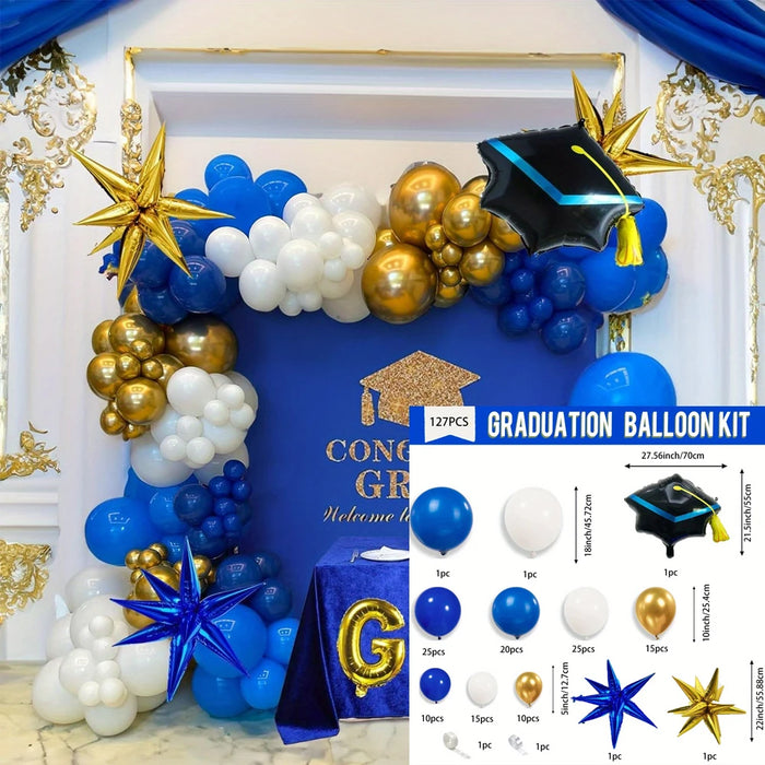 127Pcs Royal Blue Gold Graduation Balloon Wreath Arch Set With Graduation Hat 2024 Graduation Ball Birthday Party Decoration