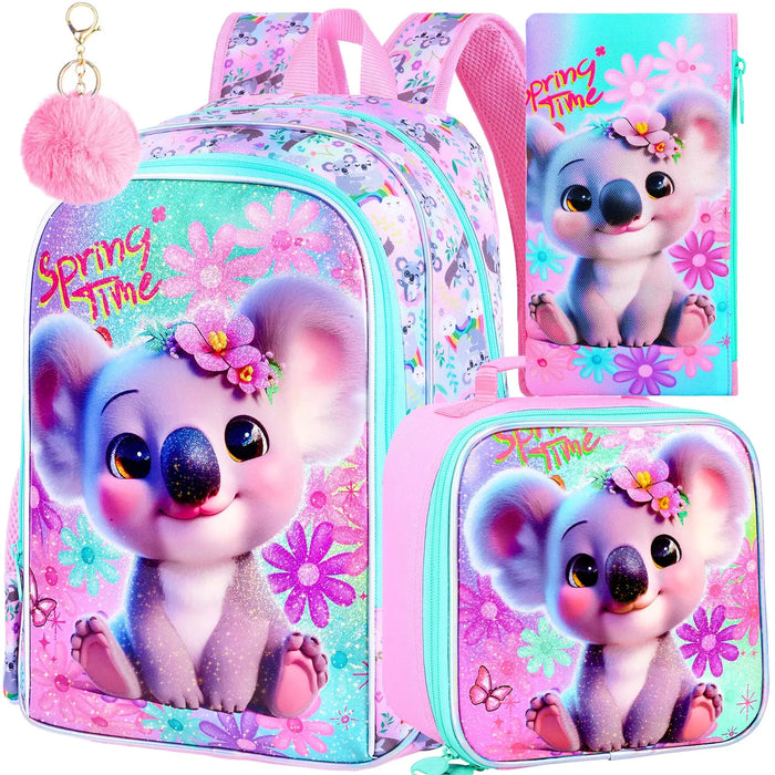 3 Piece Girls Backpack Set 16 Inch Koala Design For Elementary School