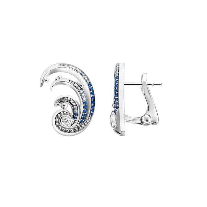 925 Sterling Silver Blue Stone Wave Ear Clip Nautical For Women