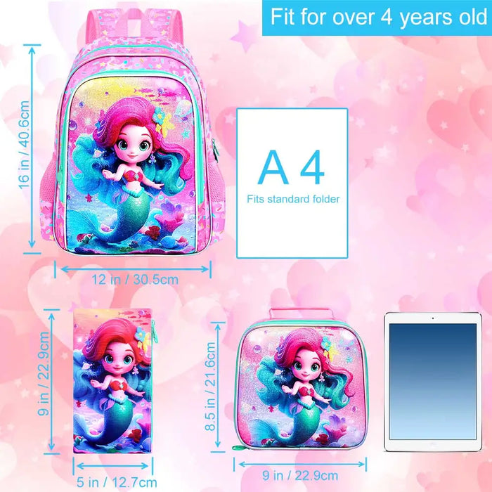 3 Piece Mermaid Backpack Set For Girls 16 Inch Elementary School