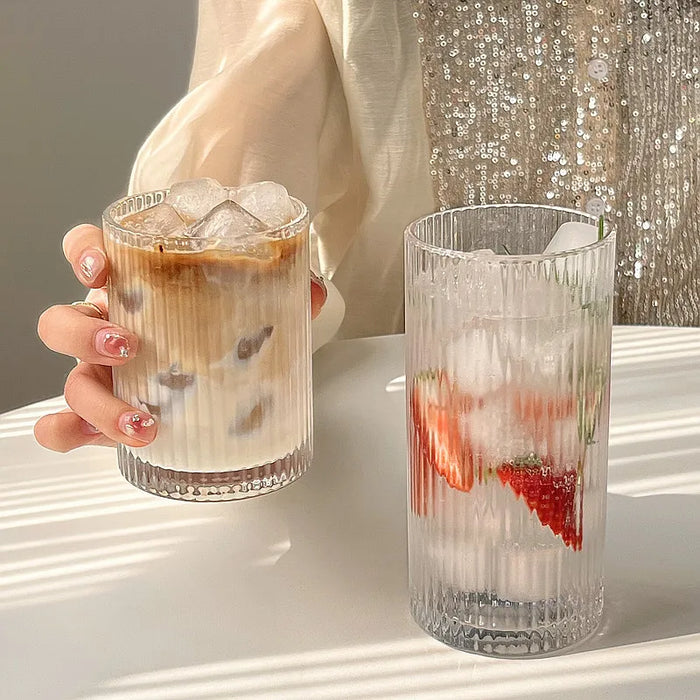 Striped Glass Cup For Coffee Juice Or Milk Perfect For Cafes Hotels And Parties