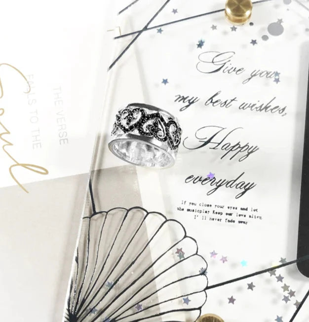 925 Sterling Silver Black Arabesque Hearts Band Ring European Style Women Jewelry