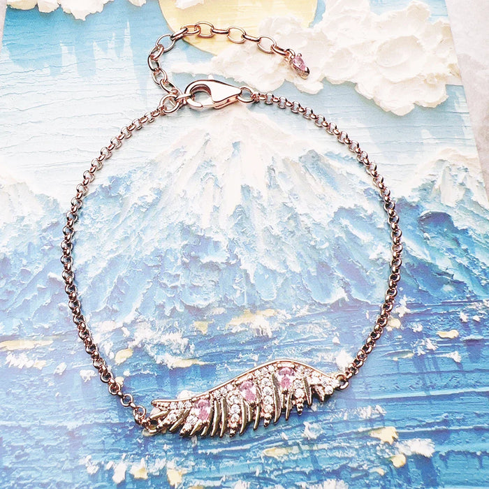 925 Sterling Silver Phoenix Wing Rose Gold Bracelet With Pink Stones Link Chain For Women