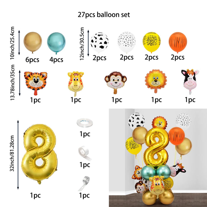 27Pcs Animal Balloons Gold Digital Balloons Jungle Animal Themed Birthday Party Decorate Anniversary Party