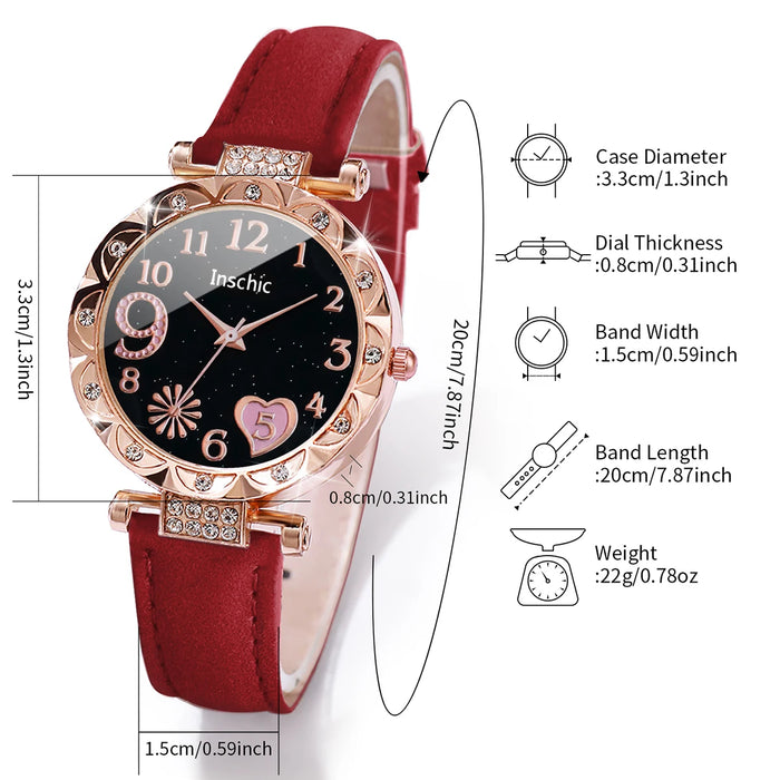 6 Piece Heart Dial Leather Band Watch Set
