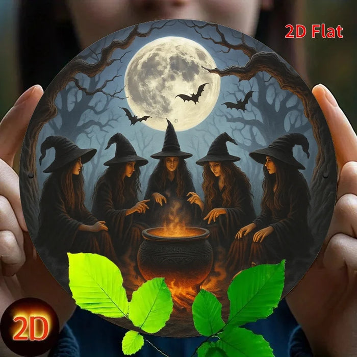 Retro Round Iron Sign Witch Party & Magic Stew Pot For Bedroom Dining Or Living Room