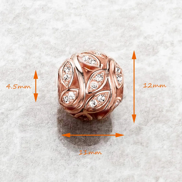 925 Sterling Silver Romantic Bead Leaf Tendrils Charm Rose Gold Feminine Gift For Women