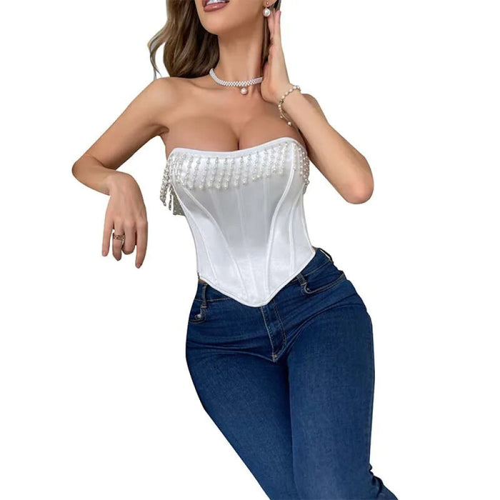 Adjustable Plus Size Satin Bridal Bustier With Pearl Tassel White Overbust Corset For Wedding S-Xxl