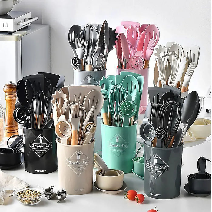 34 Piece Non Stick Silicone Kitchen Utensil Set With Wooden Handles
