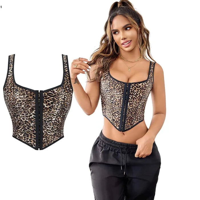 Fishbones Women Leopard Print Shoulder Strap Vest Tank Top Xs-Xl Corset With Hook & Eye