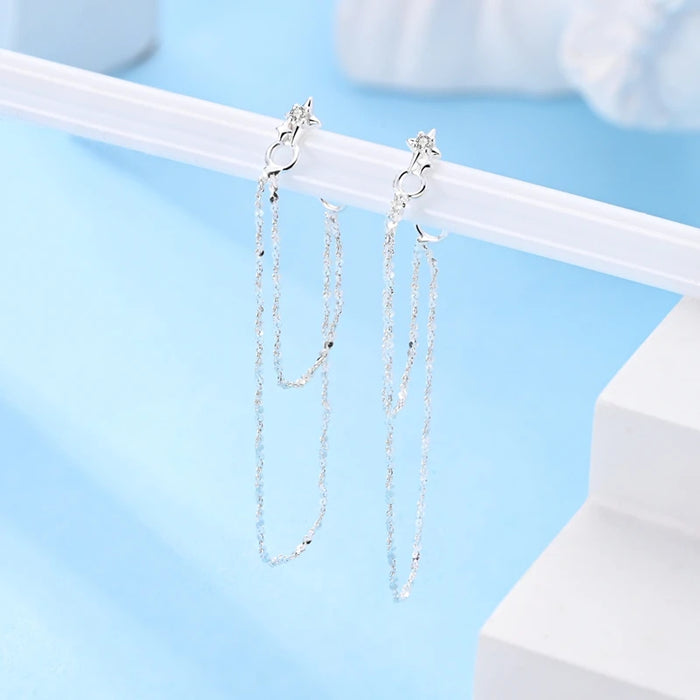 925 Sterling Silver Star Tassel Earrings Double Layered For Women