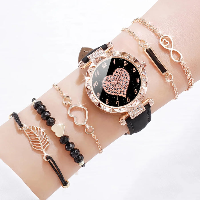 6 Piece Heart Rhinestone Watch Bracelet Set