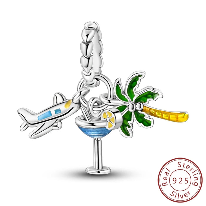 925 Sterling Silver Coconut Tree Airplane Pendant Fits Bracelet / Necklace Women Diy Gift