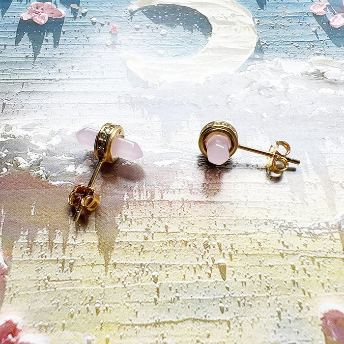 925 Sterling Silver Gold Plated Hexagonal Rose Stone Stud Earrings For Women