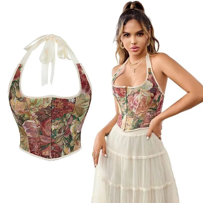 Retro Floral Print Halterneck Corset Top Front Busk Closure Plus Size Xs-Xxl