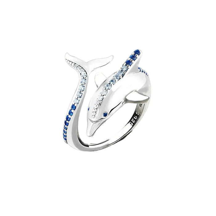 925 Sterling Silver Blue Stone Dolphin Ring Cheerful For Women