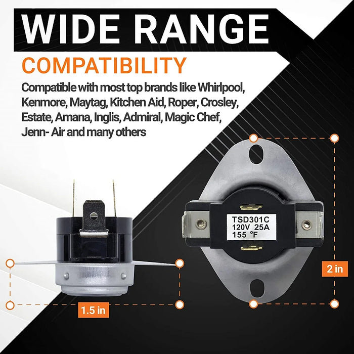 Wp3387134 Dryer Cycling Thermostat Compatible Wth Whirlpool Kenmore Dryers Ap6008270 306910 3387135 3387139 Et187 Ps11741405