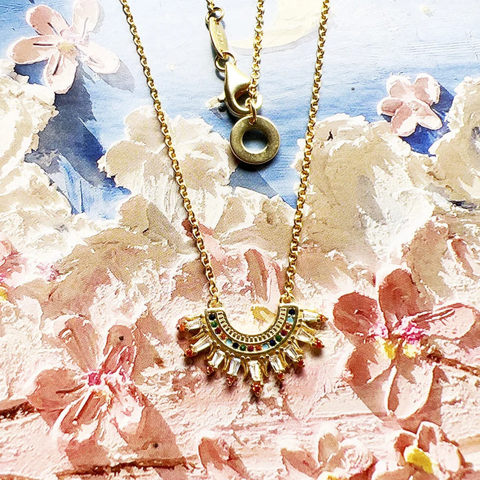 925 Sterling Silver Autumn Sun Beams Necklace Gold Plated Colourful Bohemian Jewelry For Women