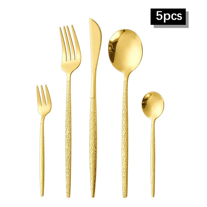 30 Piece Gold Hammered Stainless Steel Cutlery Set Dishwasher Safe