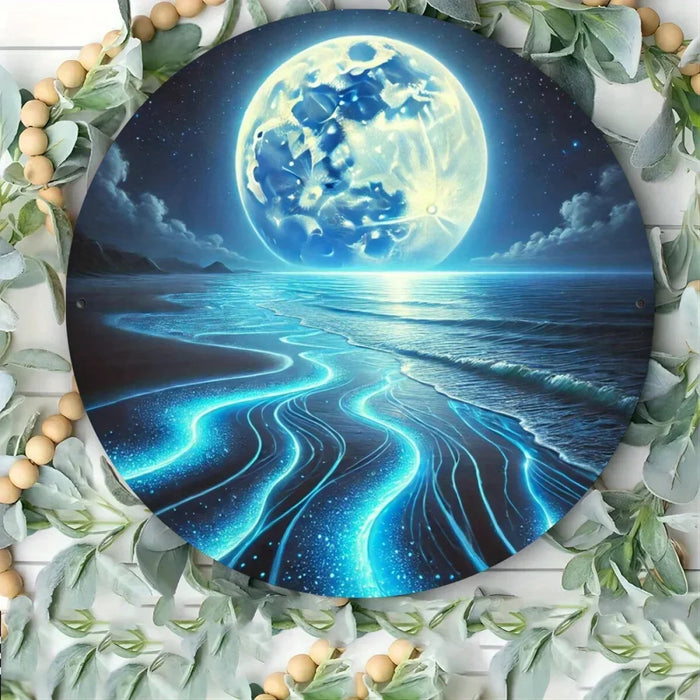 8 Round Metal Tin Sign Ocean Sky & Full Moon Wall Art With Blue Waves & Starry Night Design