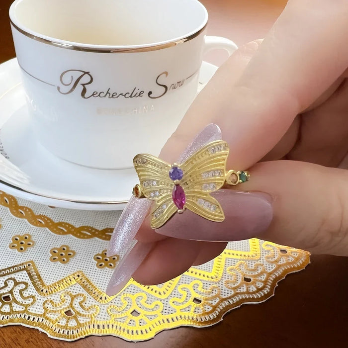 925 Sterling Silver Gold Butterfly Ring Delicate European Style Lucky For Women