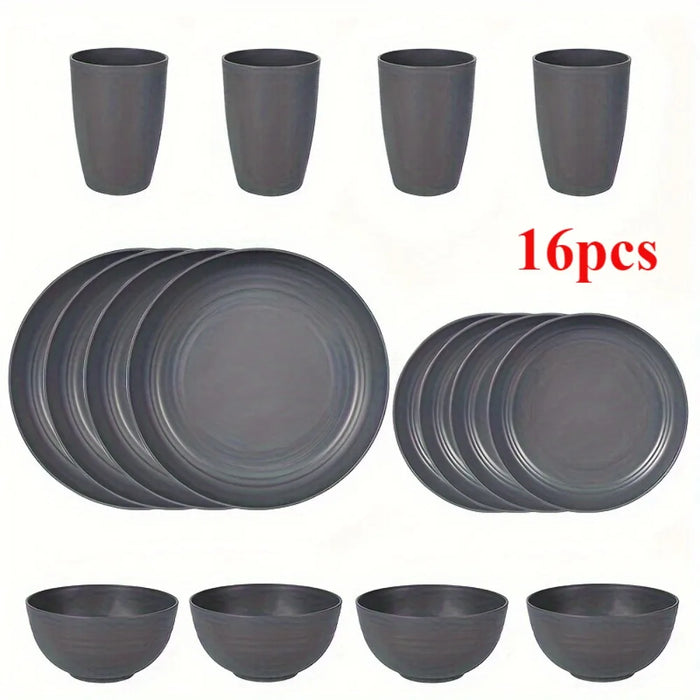 16 / 32 Piece Plastic Tableware Set Reusable Microwave & Dishwasher Safe Includes Dinnerware