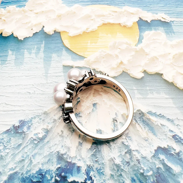 925 Sterling Silver White Stone & Freshwater Pearl Ring Europe Style For Women