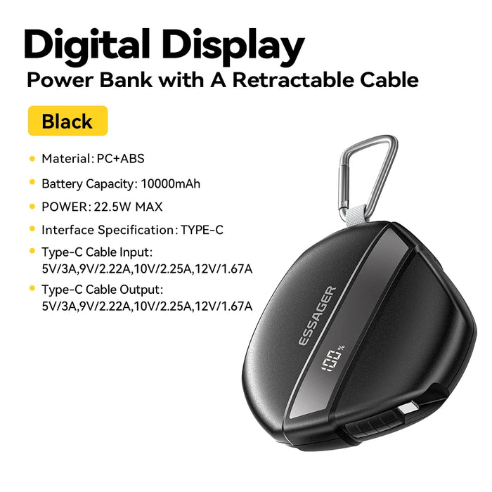 10000Mah Digital Display Power Bank With Retractable 22.5W Fast Charger Built In Lighting Sos For Outdoor Iphone Xiaomi