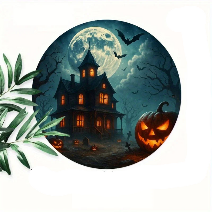 Vintage Round Iron Sign Haunted House & Pumpkin Lanterns