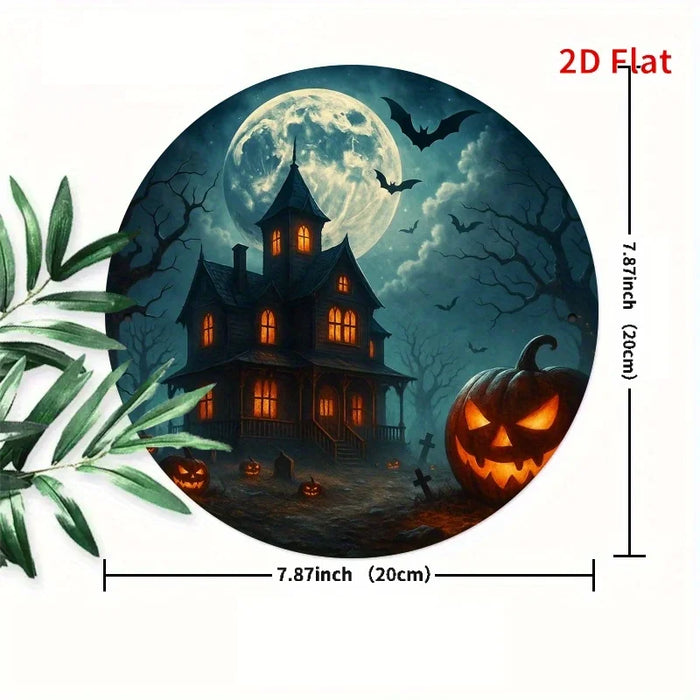 Vintage Round Iron Sign Haunted House & Pumpkin Lanterns