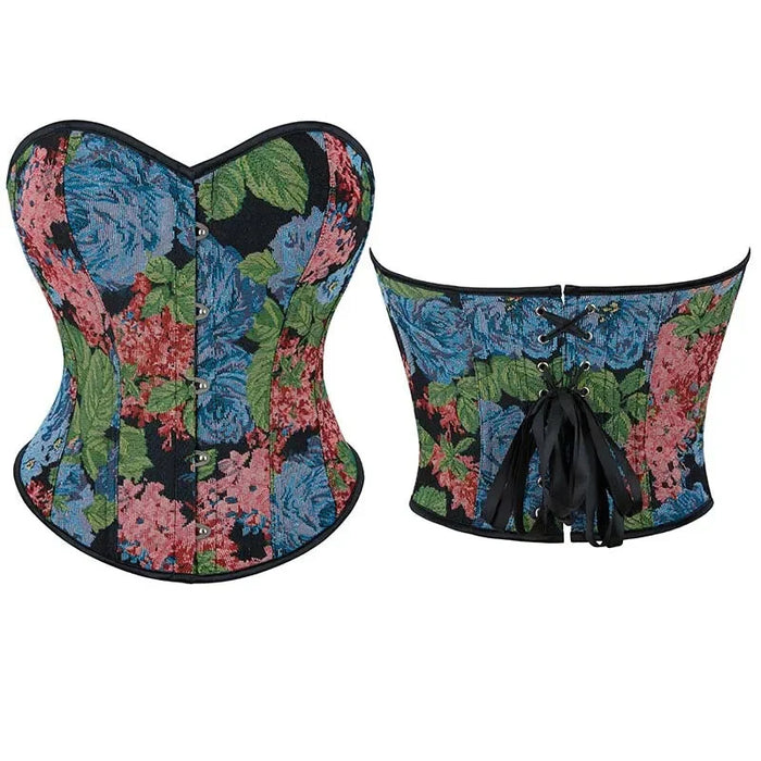 Floral Embroided Backless Gothic Corset Front 5 Busk Back Lace Seamless & Oil Painting Design
