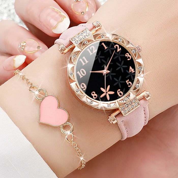 6 Piece Floral Dial Quartz Watch Bracelet Set - Without Box