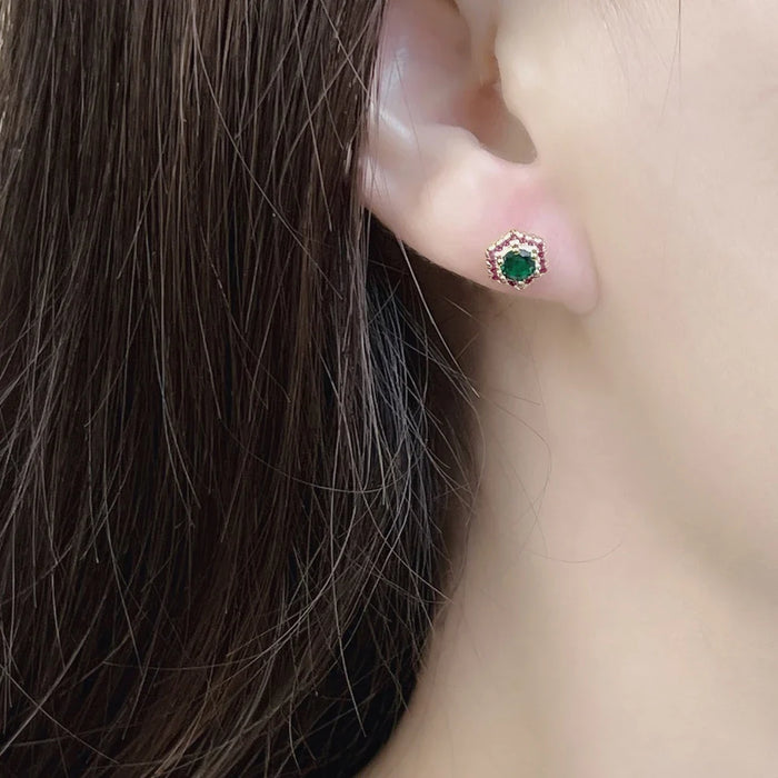 925 Sterling Silver Green Hexagon Stud Earrings Playful Gift For Women