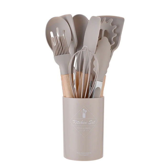 12 Piece Silicone Kitchen Utensil Set With Wooden Handle And Storage Bucket