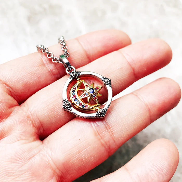 925 Sterling Silver Golden Star & Moon Pendant Necklace Lucky For Women