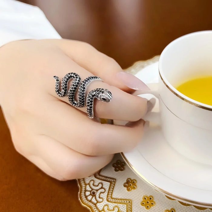 925 Sterling Silver Stunning Black Snake Pave Ring