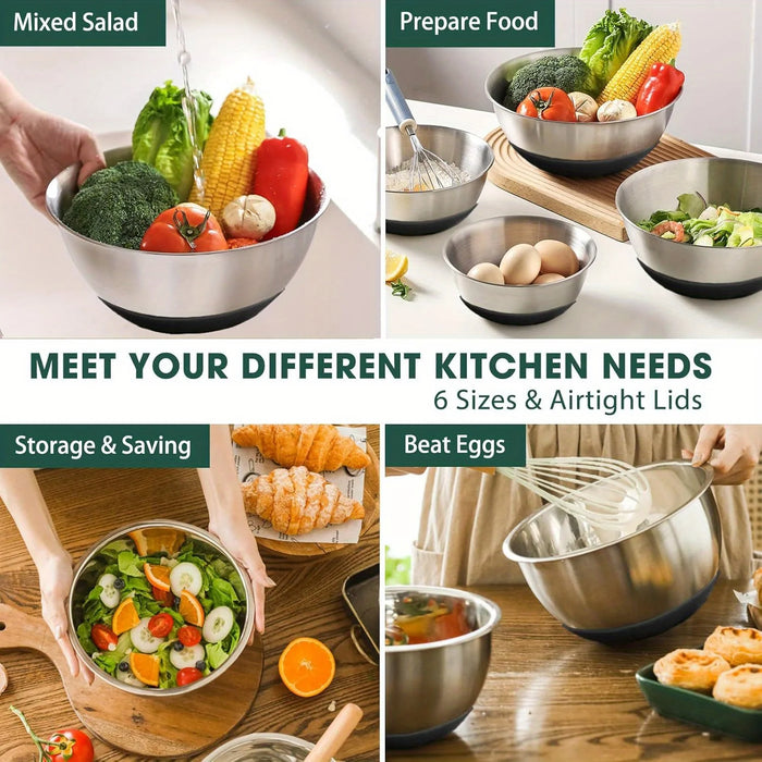 6 Piece Stainless Steel Mixing Bowls With Airtight Lids Non Slip Bottoms