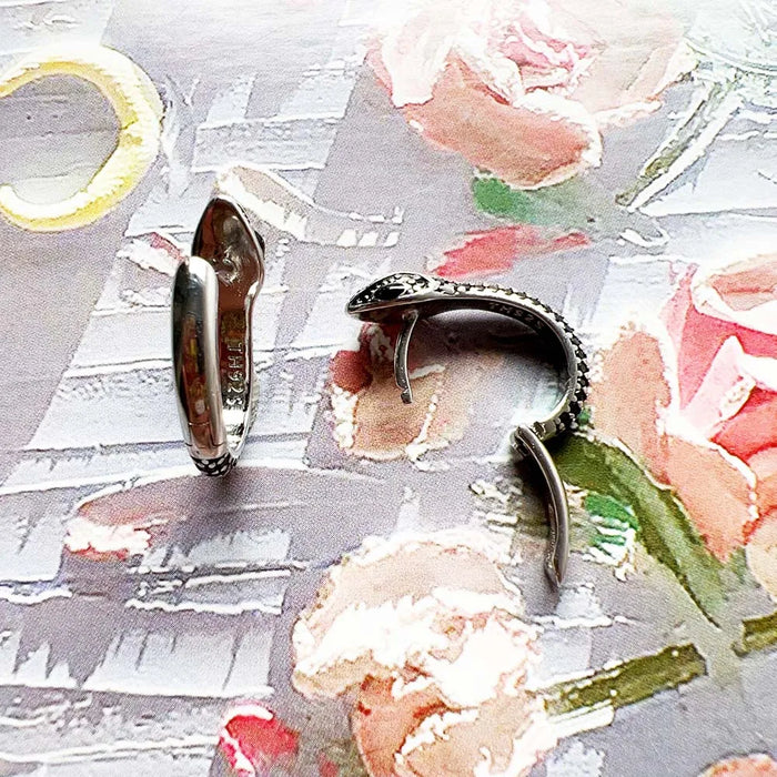 925 Sterling Silver Vintage Blackened Snake Hoop Earrings