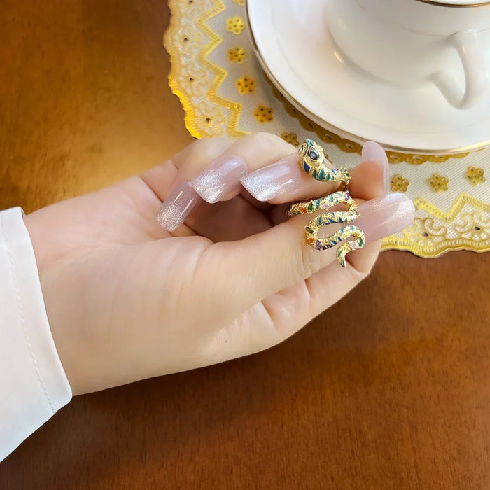 925 Sterling Silver Boho Golden Snake Ring Pave Design Women Jewelry