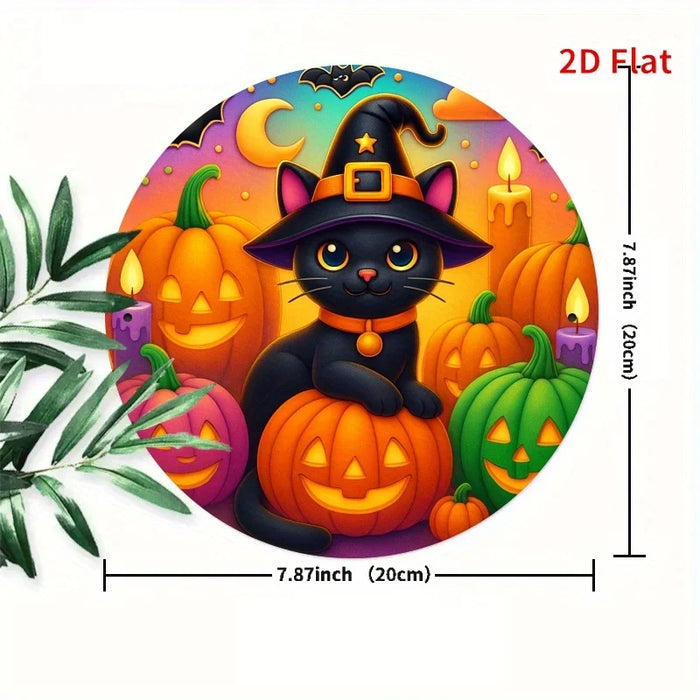 Vintage Halloween Witch Cat & Pumpkins Iron Sign 7.8 Inch Spooky Black Cat