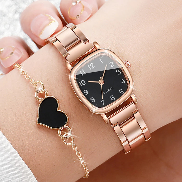 2 Piece Square Quartz Watch Steel Band Heart Bracelet