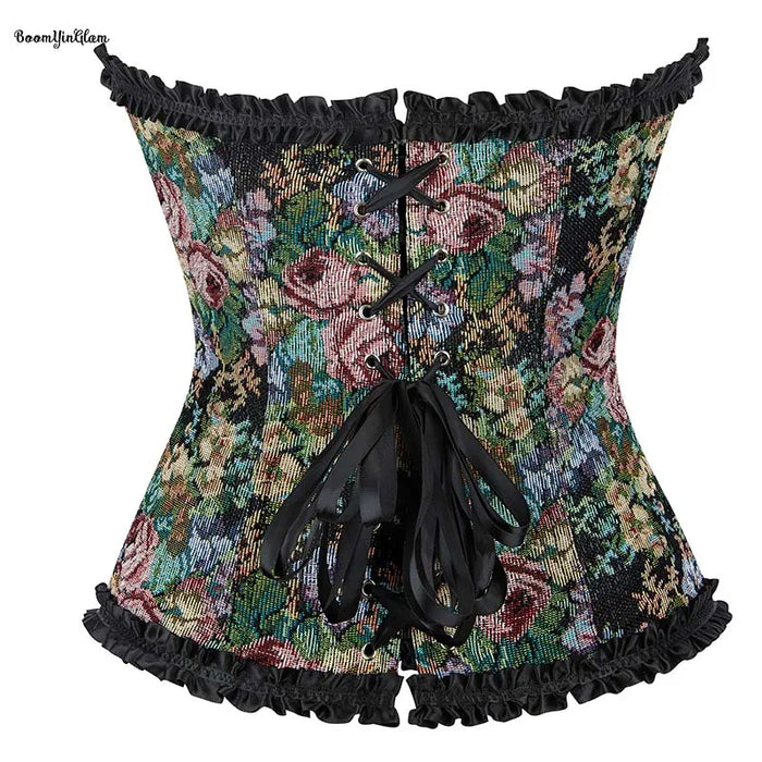 Floral Lace Trim Renaissance Corset With 6 Busk Closure Plus Size Xs-Xl