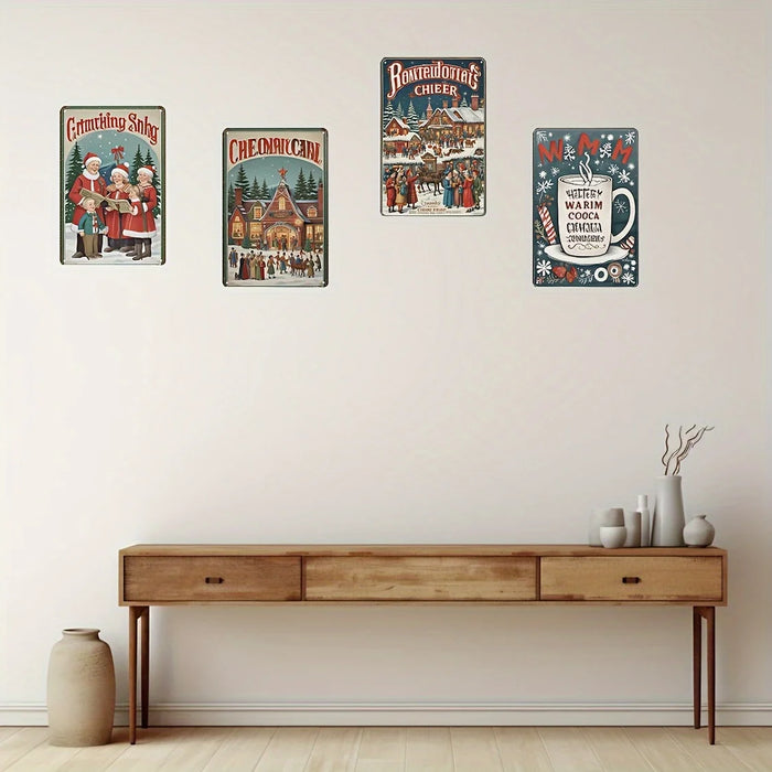 Set Of 4 Vintage Metal Christmas Tin Signs