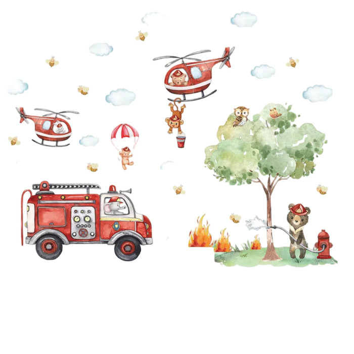 Adorable Animal Fire Truck Wall Decals For Kids Room