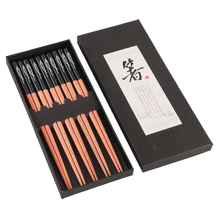 5 Pairs Wooden Chopsticks Set Non Slip Multi Colour Gift Box
