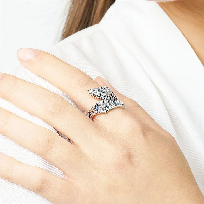 925 Sterling Silver Boho Phoenix Wing Ring With Blue Stones For Women